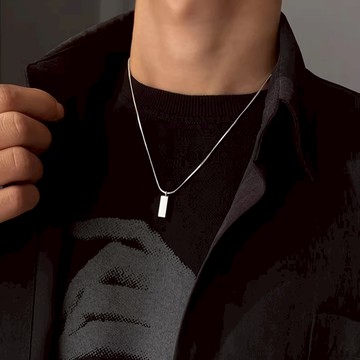 銀色小磚塊鈦鋼項鍊【台灣出貨】簡約項鍊男 鎖骨鏈 金屬項鍊 男生短項鍊 鈦鋼項鏈 項鍊吊墜 不掉色 男生飾品 MS