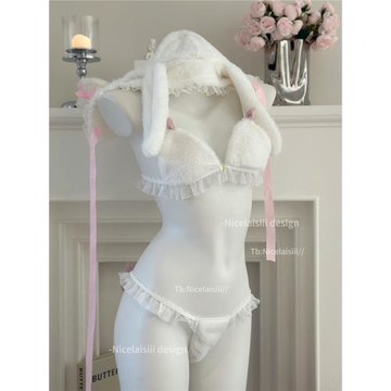 Nicelaisiii戀愛兔 毛絨純欲兔女郎蝴蝶結甜美三點式內衣cos套裝