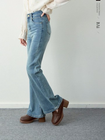 微喇叭牛仔褲／雙帶褲耳高腰長褲S-L號－【350044】