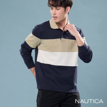 Nautica 官方旗艦 男裝  跳色領口拼接長袖POLO衫-藍色