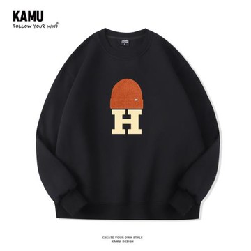 美式街頭衛衣男圓領春秋款休閑大碼字母無帽黑色加絨保暖外套上衣