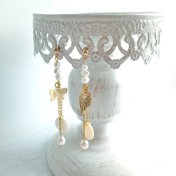 Aiyana 夢幻少女系列 天然珍珠 純銅蝴蝶落葉 耳環 - 耳針/耳夾