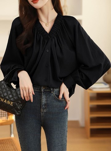 春秋韓版法式v領抽褶上衣