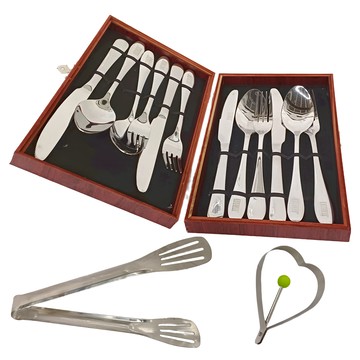 牛排刀叉湯匙西餐餐具禮盒組 4人份12件套  1.1KG  銀色 + 紅色  1組