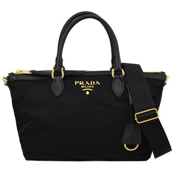 PRADA 1BA104 經典浮雕LOGO輕量尼龍手提兩用托特包.黑