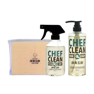 【淨毒五郎】★清潔首選組★蔬果清潔劑400ml+碗盤清潔劑500ml+重油汙清潔海綿
