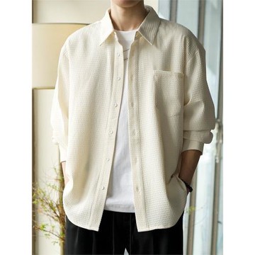 華夫格垂感長袖襯衫男大碼寬松春夏季新款襯衣男生防曬襯衫外套