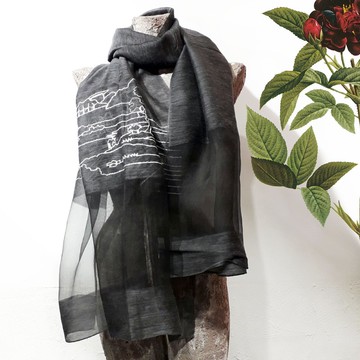 月球村線條畫真絲羊毛绣花輕紗圍巾