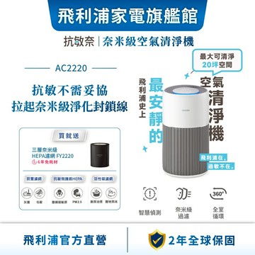 【PHILIPS 飛利浦】抗敏奈Plus＋奈米級空氣清淨機（AC2220）適用20坪 | 清淨