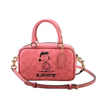 COACH  X PEANUTS史努比人物圖印珊瑚粉C LOGO PVC拼接素面皮革手提/斜背迷你小包