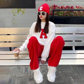 白色衛衣紅色字母女加絨加厚2025秋冬新款寬松大版圓領休閑上衣潮