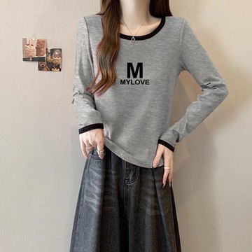 衣時尚 長袖上衣 長袖T卹 印花上衣內搭 中大碼M-3XL新款長袖女小眾顯瘦內搭減齡撞色領上衣-6837.