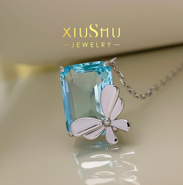 XIUSHU高定珠寶人工海藍吊墜女925銀鍍金鑲嵌原創設計小清新項鏈