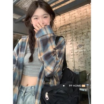 PPHOME鹽系甜妹~小眾設計風高級感上衣夏季復古撞色格子防曬襯衫