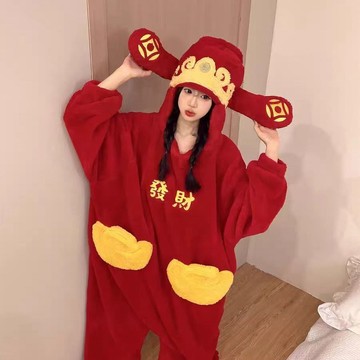 臺灣出貨+免運財神爺睡衣連體秋冬季加厚珊瑚絨睡袍女卡通搞怪抽象家居服可外穿