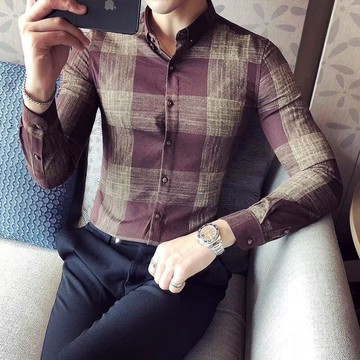 男裝春季格子长袖衬衫男帅气休闲衬衣男时尚英伦韩版修身潮流商务男