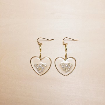 復古透明珍珠心形長耳環