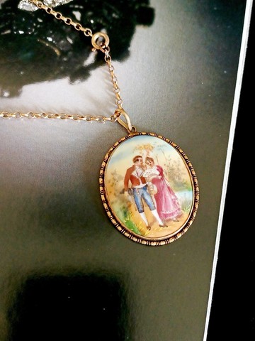 vintage jewelry 古典陶瓷印染法國情侶  項鍊