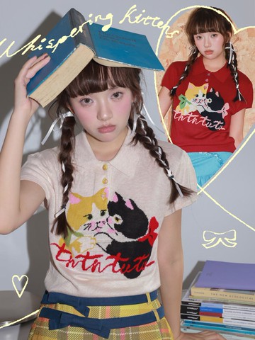 紅白雙色小貓毛線針織短袖Polo衫可愛復古氣質