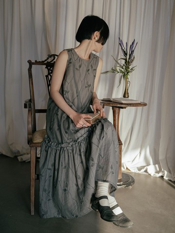 灰色 繡花無袖洋裝 水墨寬鬆長裙 長款連身裙