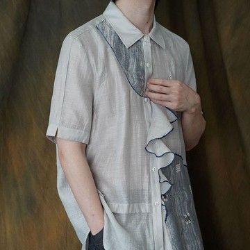 解構刺繡襯衫 / 亞麻萊賽爾短袖上衣 / 中性設計感小衫