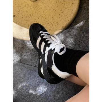 三條杠復古黑色德訓鞋女2024新款百搭休閑阿甘鞋真皮德迅鞋運動鞋