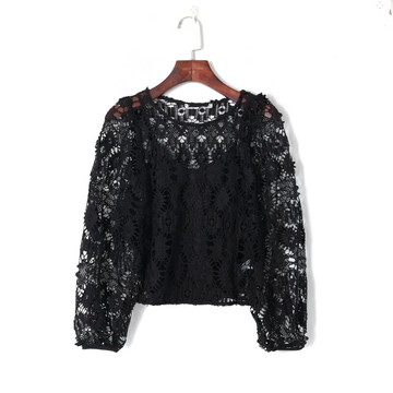 夏季女裝時尚韓版蕾絲鉤花鏤空上衣圓領套頭落肩袖寬松罩衫