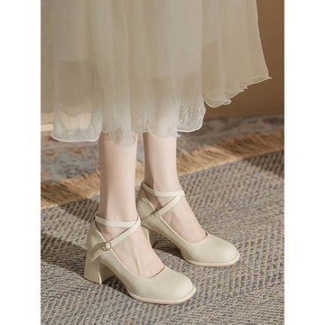 【汐子】交叉帶瑪麗珍高跟鞋女2024年春秋季法式復古圓頭粗跟單鞋