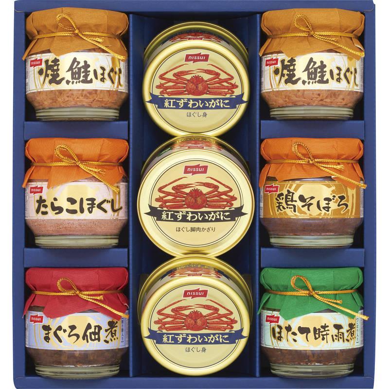 ニッスイ 缶詰・瓶詰 ギフトセット カニ缶 紅ずわいがにほぐし身 焼鮭ほぐし たらこほぐし マグロ佃煮 ほたて時雨煮 鶏そぼろ お歳暮 お中元 BK-50B