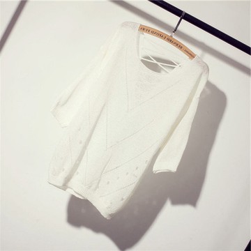 防曬罩衫女冰絲針織衫女短早秋薄款寬松中袖套頭露背系帶空調衫潮