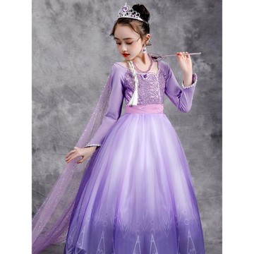 冰雪奇緣公主裙長袖女童連衣裙紫色艾莎長裙萬圣節兒童服裝表演服