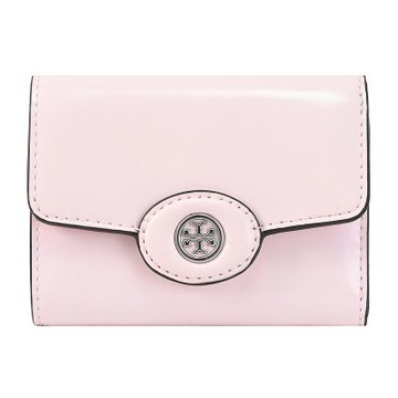 TORY BURCH 品牌LOGO滑面皮革三折扣式短夾(粉)