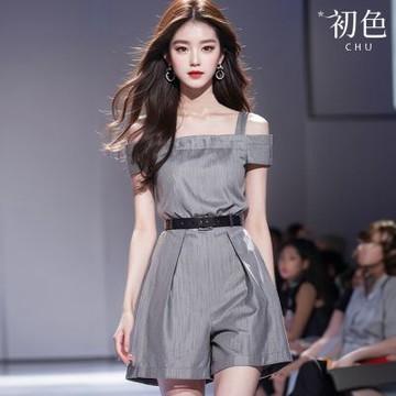 初色 韓系素色一字領露肩吊帶連身褲寬褲短褲-灰色-35829(M-2XL可選)