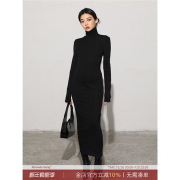 MIRANDA SONG歐美風氣質女神不勒脖高領長袖薄絨連衣裙女秋冬長裙