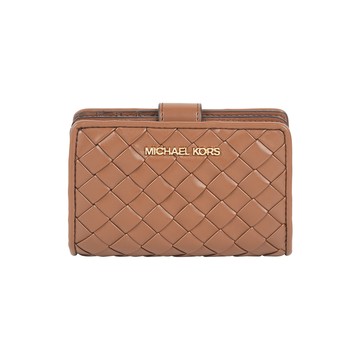 Michael Kors 金字編織皮革釦式二折中夾(焦糖色)
