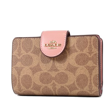 COACH 立體馬車緹花LOGO防刮釦式中夾-花瓣粉