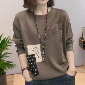 【臺灣出貨】大碼圓領撞色針織衫女秋冬提花復古毛衣寬鬆顯瘦上衣純色針織衫 針織毛衣 春季針織上衣 長袖針織衫