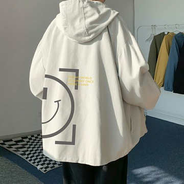 笑臉連帽外套男春秋季潮流ins帥氣百搭大碼褂子寬松休閑運動夾克