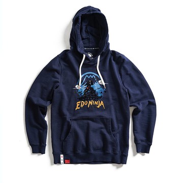 江戶勝 日系 男裝 忍者系列 伊賀忍者印花連帽長袖T恤(丈青色)