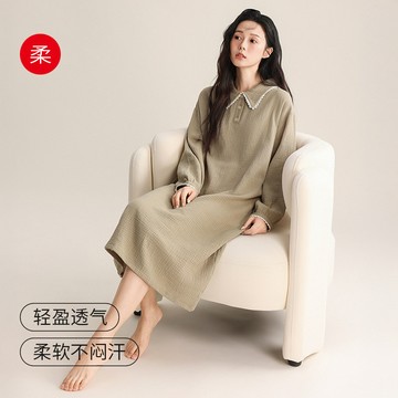 雙層縐布顯瘦顯白全棉長款花邊睡裙女春夏薄款可愛長袖睡袍家居服
