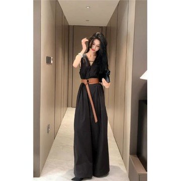 氣質無袖v領連體褲女收腰闊腿休閑褲2025夏季新款女裝拖地長褲子