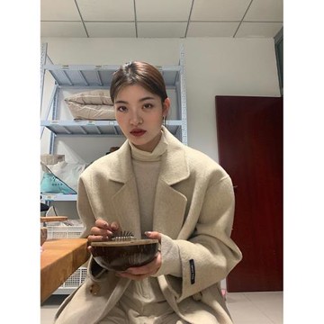 特價清倉 韓國單！100羊毛燕麥色寬松雙面毛呢外套女中長款大衣