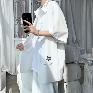 7七分袖襯衫男裝痞帥ins潮牌港風冰絲夏季薄款短袖冷淡高級感外套