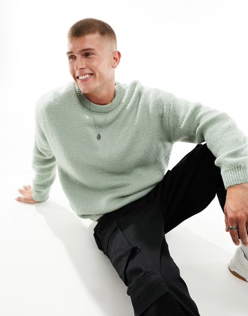ASOS DESIGN oversized knitted fluffy crew neck jumper in sage green-Grey