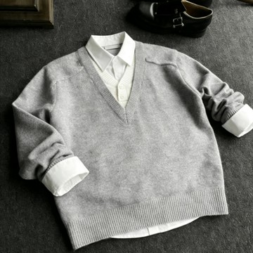 春秋新款潮流假兩件毛衣男簡約拼接時尚百搭休閒長袖上衣打底衫男