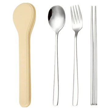 JUST HOME 馬卡龍304不鏽鋼隨身筷匙叉3件組 附盒 7049-40-1  1套  米色  筷子 + 湯匙 + 叉子 + 收納盒