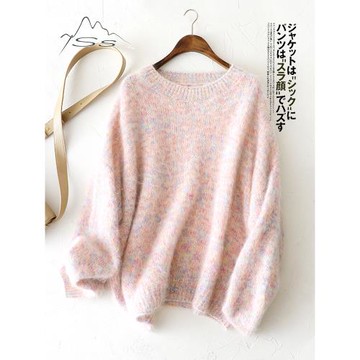 朦朧花粉~羊絨衫女拉絨圓領拉毛加厚長毛100純山羊絨外穿針織毛衣