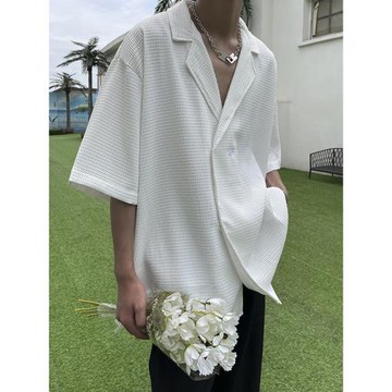 2024夏季薄款華夫格古巴領短袖襯衫男士炸街小眾休閑半袖垂感襯衣