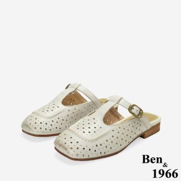 Ben&1966高級頭層打蠟羊皮沖孔復古穆勒鞋-米白(256342)