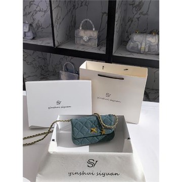 小香風菱格鏈條包凱旋門牛仔布斜挎包女款單肩小方包牛仔藍小包包